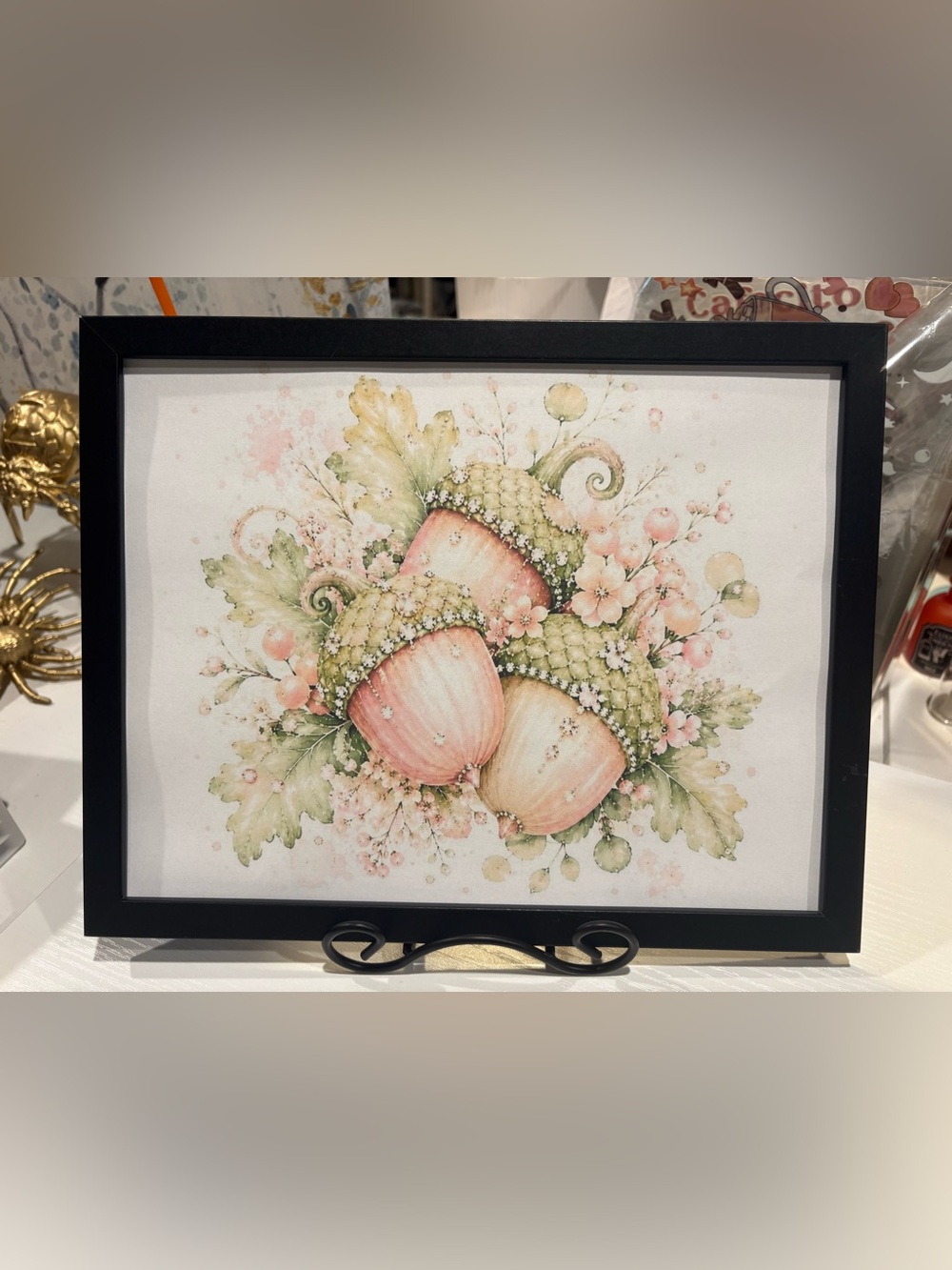Framed 8x10 Acorn Art Print Pink Floral Botanical Fall Decor